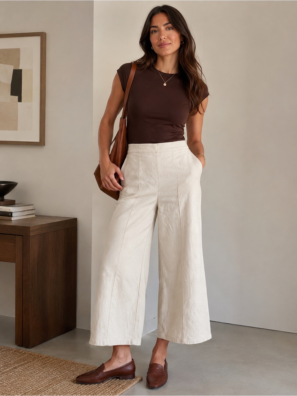 Astr Cream Cropped Wide-Leg Pants